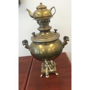 Antique Vintage Russian Brass Samovar Wood Handles Peacock Rooster Spout